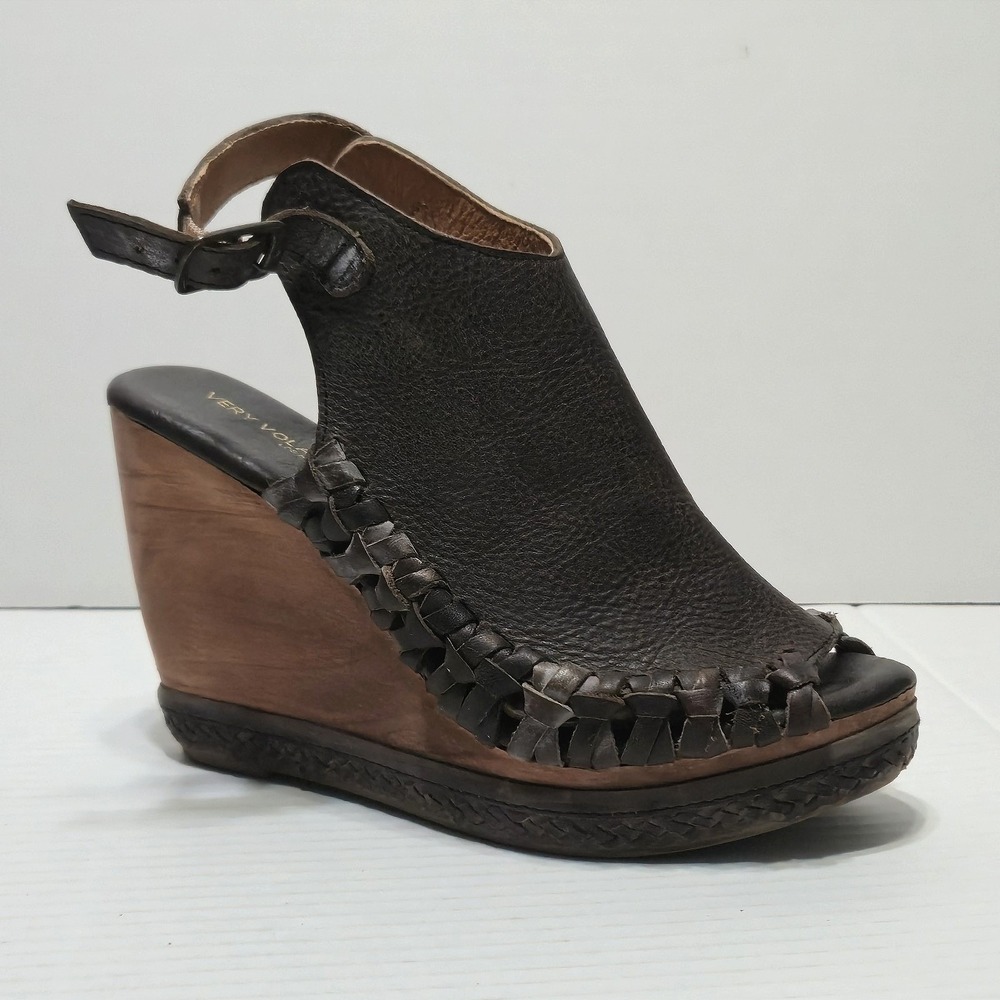 Very Volatile LA Brown Leather Wood Wedge Sandals Size 8 Artisan Made in Mex